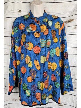 Chico's Design Asian Lanterns 100% Silk Blouse Top 2 Womens Knot Button